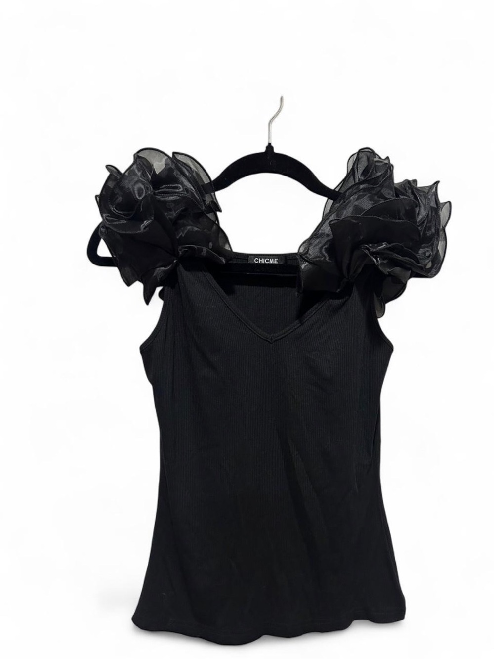 CHICME Ribbed Tank Top With Organza Statement Shoulder